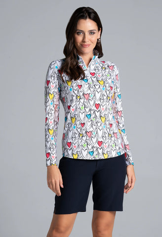 IBKUL Heart Print Long Sleeve Mock Neck