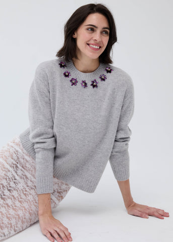 Autumn Cashmere Beaded Flower Trim Crewneck