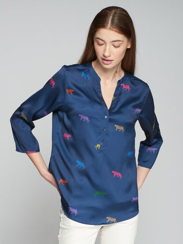 Vilagallo Navy Top with Multicolor Leopards