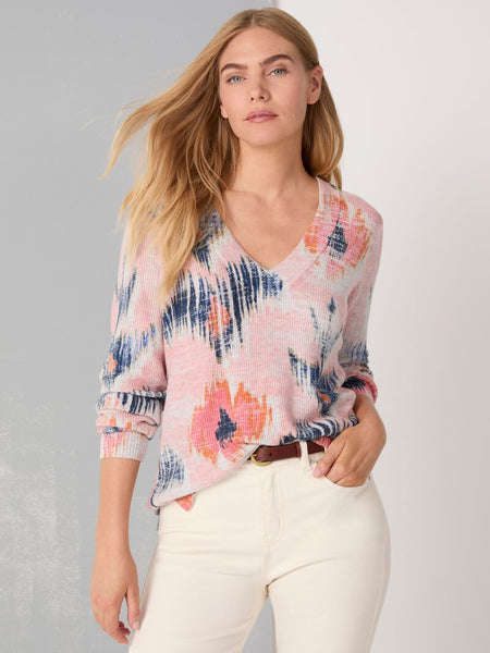 NIC+ZOE Abstract Floral Waffle Stitch V-Neck Sweater