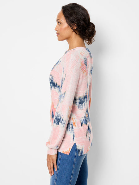 NIC+ZOE Abstract Floral Waffle Stitch V-Neck Sweater