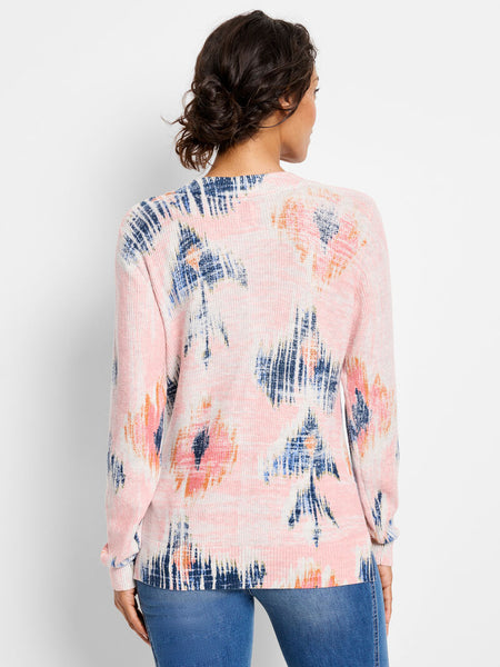 NIC+ZOE Abstract Floral Waffle Stitch V-Neck Sweater