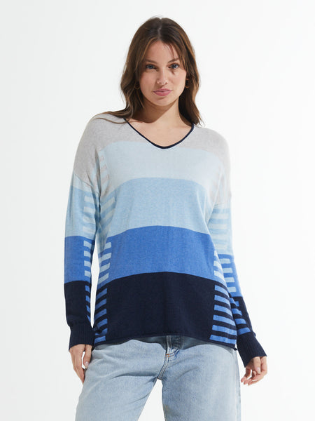 Block Stripe V-Neck Sweater