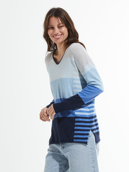 Block Stripe V-Neck Sweater