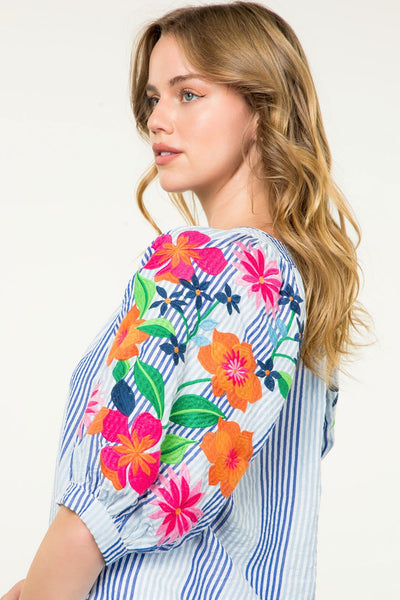 Seersucker Embroidered Sleeve Top